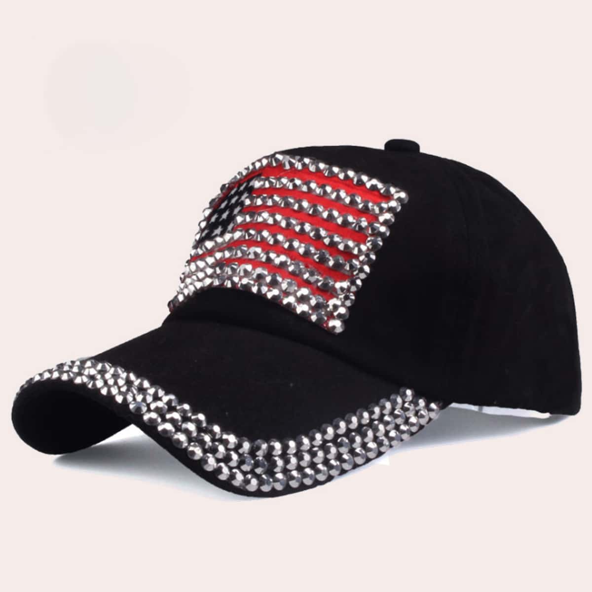 

Rhinestone Studded American Flag Baseball Cap, Black