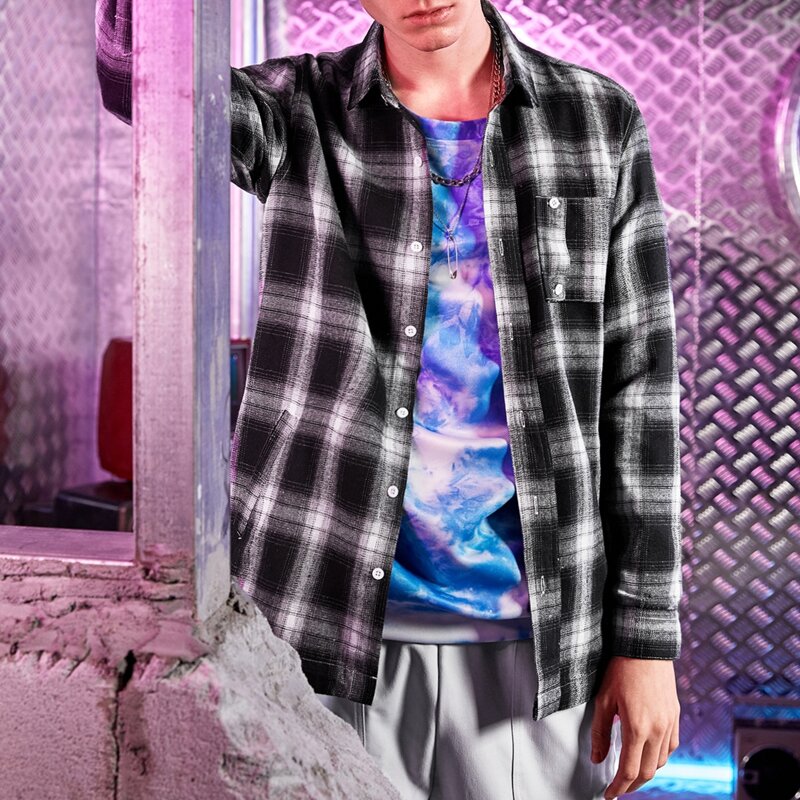 

Unisex 1pack Pocket Front Plaid Shirt, Black and white