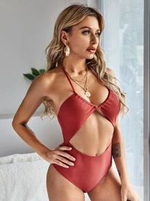 Cut-out Halter One Piece Swimsuit - Redwood - View 4