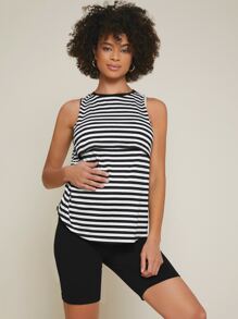SHEIN Maternity Two Tone Striped Tank Top - Black and White - View 1