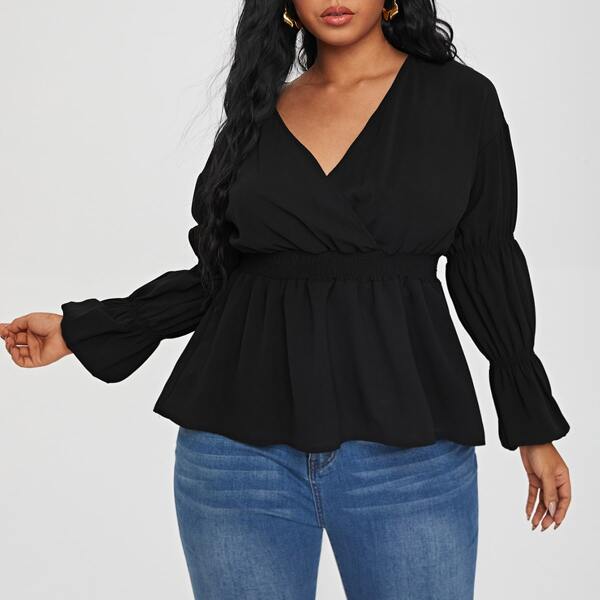 

Plus Surplice Front Shirred Waist Peplum Blouse, Black