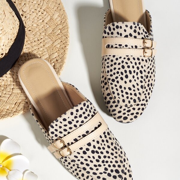 

Buckle Decor Dalmatian Pattern Mules, Apricot