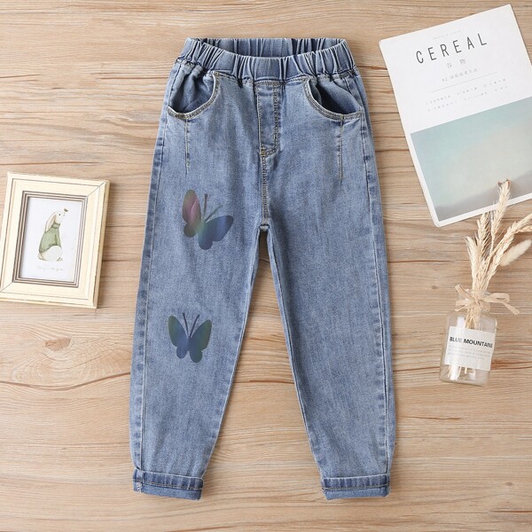 

Girls Butterfly Print Tapered Jeans, Medium wash