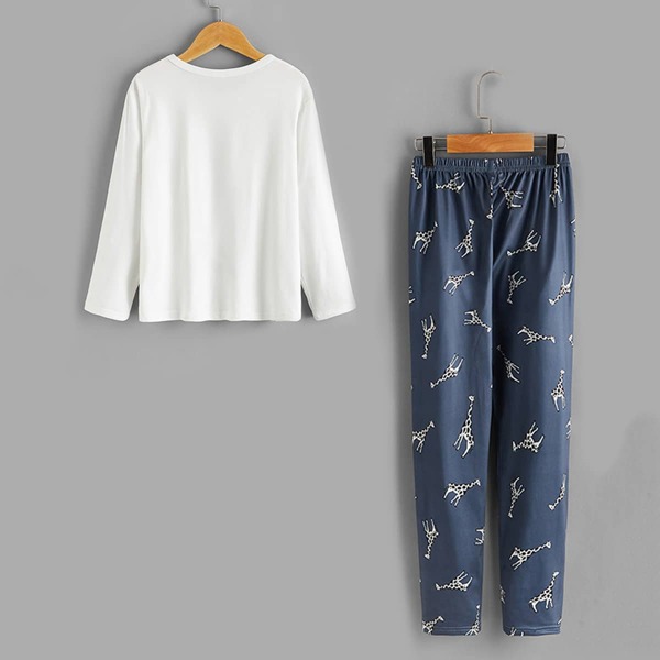 

Girls Giraffe And Slogan Graphic PJ Set, Blue and white