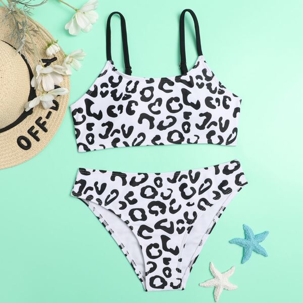 

Girls Leopard Print Bikini Swimsuit, Black and white