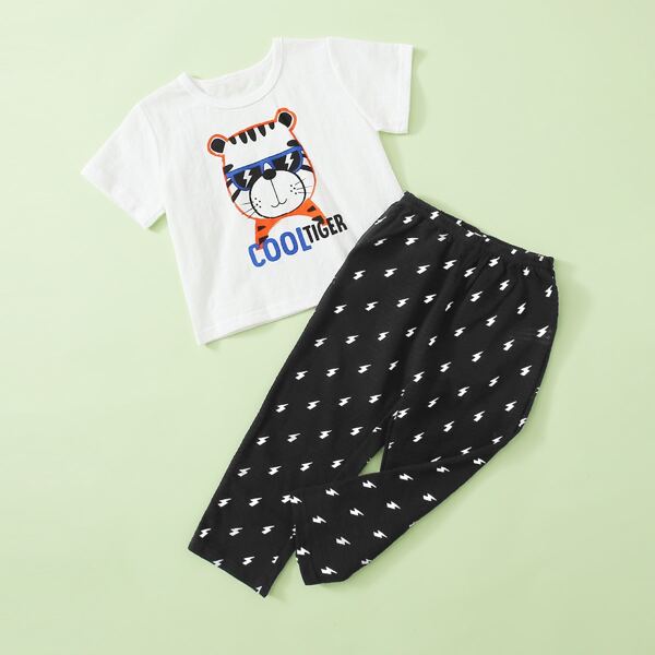 

Toddler Boys Tiger And Lightning Print PJ Set, Black and white