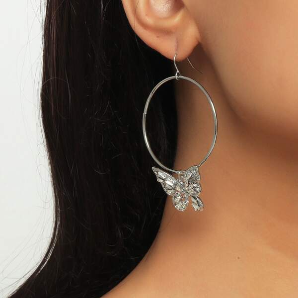 

Rhinestone Butterfly Decor Round Drop Earrings, Silver