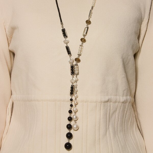 

Faux Pearl Charm Necklace, Black and white