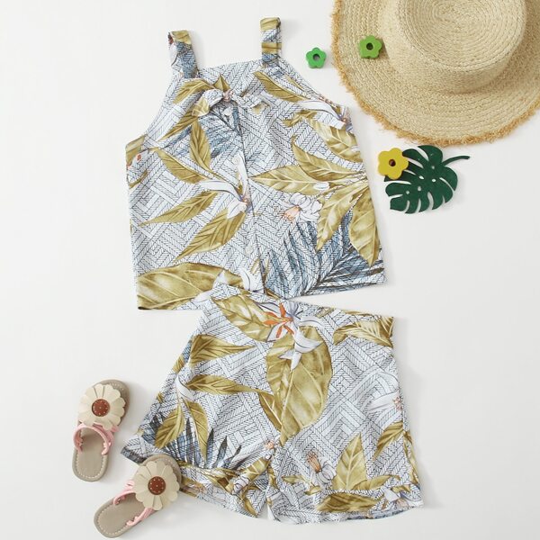

Girls Tropical Print Button Front Cami Top With Shorts, Multicolor