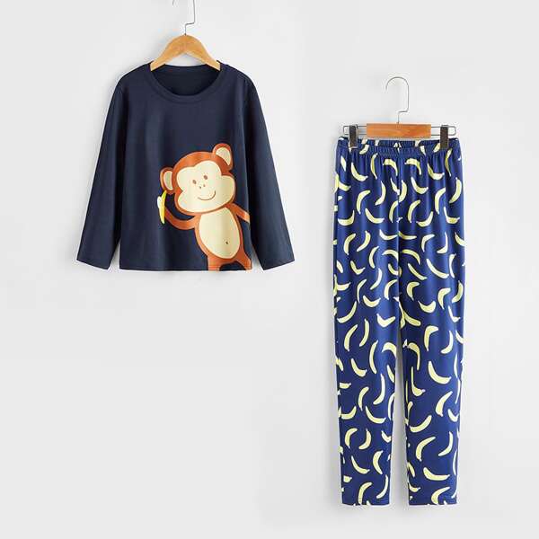 

Boys Monkey And Banana Print PJ Set, Navy blue