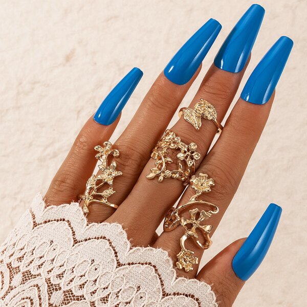 

4pcs Flower Design Ring, Gold