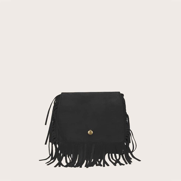 

Girls Fringe Trim Design Crossbody Bag, Black