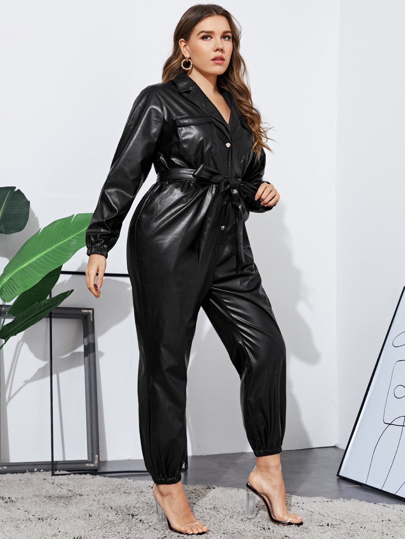 SHEIN Plus Self Belted Pocket Front PU 