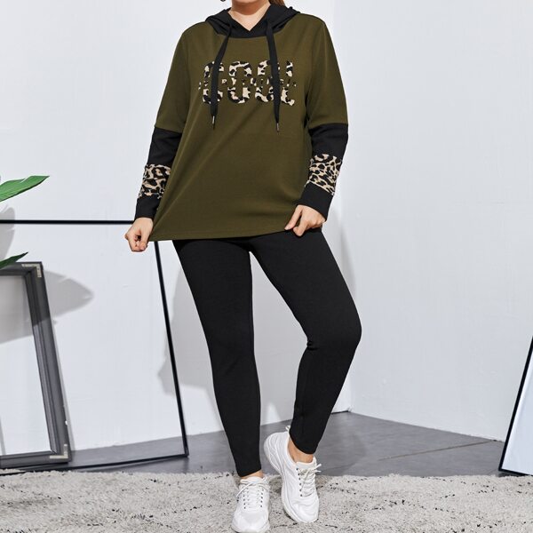 

Plus Leopard Letter Graphic Hoodie & Leggings Set, Multicolor