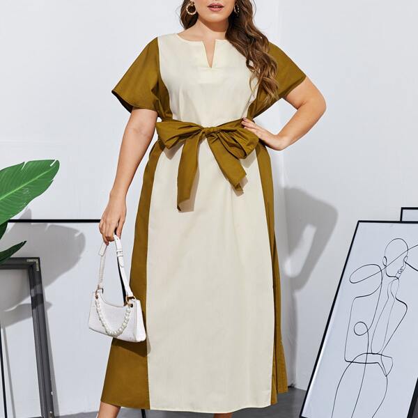 

Plus Notch Neck Colorblock Belted Dress, Multicolor