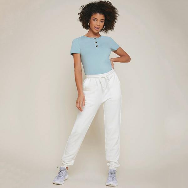 

Maternity Button Half Placket Solid Tee, Pastel baby blue