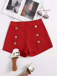 Double Breasted Zipper Back Shorts - Burgundy - View 1