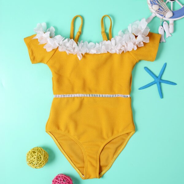 

Girls Textured Appliques One Piece Swimsuit, Yellow