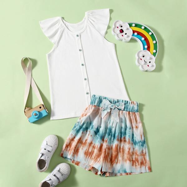

Girls Button Up Top & Bow Front Tie Dye Shorts, Multicolor
