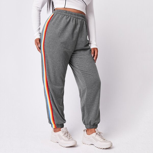 

Plus Rainbow Striped Tape Side Sweatpants, Dark grey