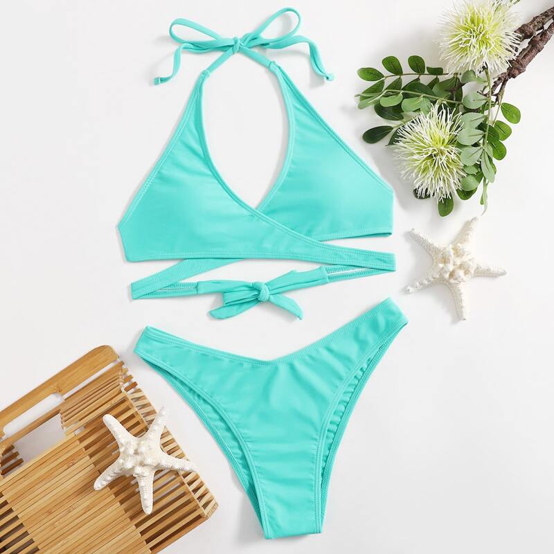 

Wrap High Leg Bikini Swimsuit, Mint blue
