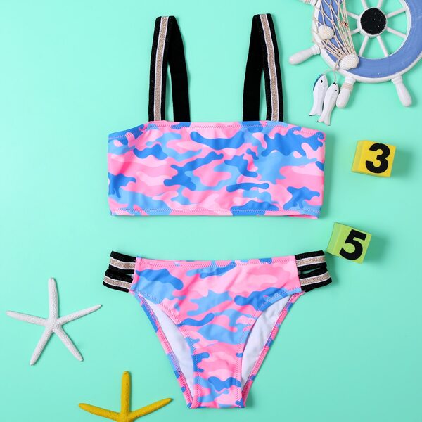 

Girls Camo Print Bikini Swimsuit, Multicolor