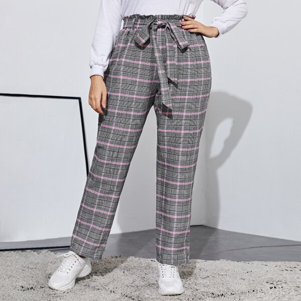

Plus Paperbag Waist Self Belted Plaid Pants, Multicolor