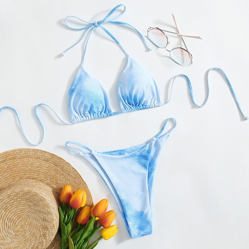

Tie Dye Thong Bikini Swimsuit, Baby blue
