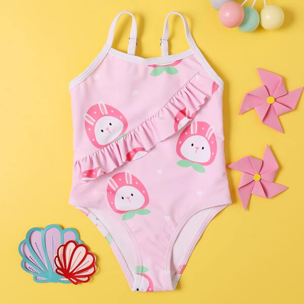 

Baby Girl Strawberry Print Ruffle One Piece Swimsuit, Baby pink