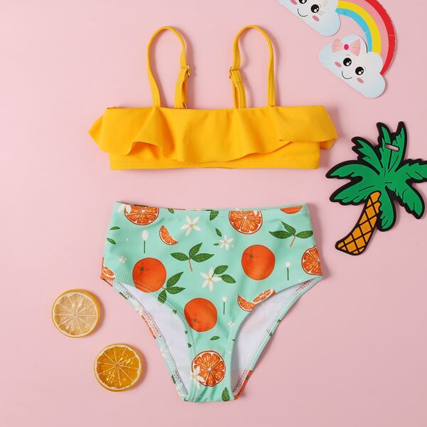 

Baby Girl Orange Print Ruffle Bikini Swimsuit, Multicolor