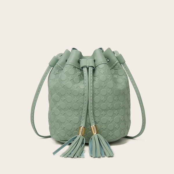 

Tassel Decor Geometric Textured Bucket Bag, Green