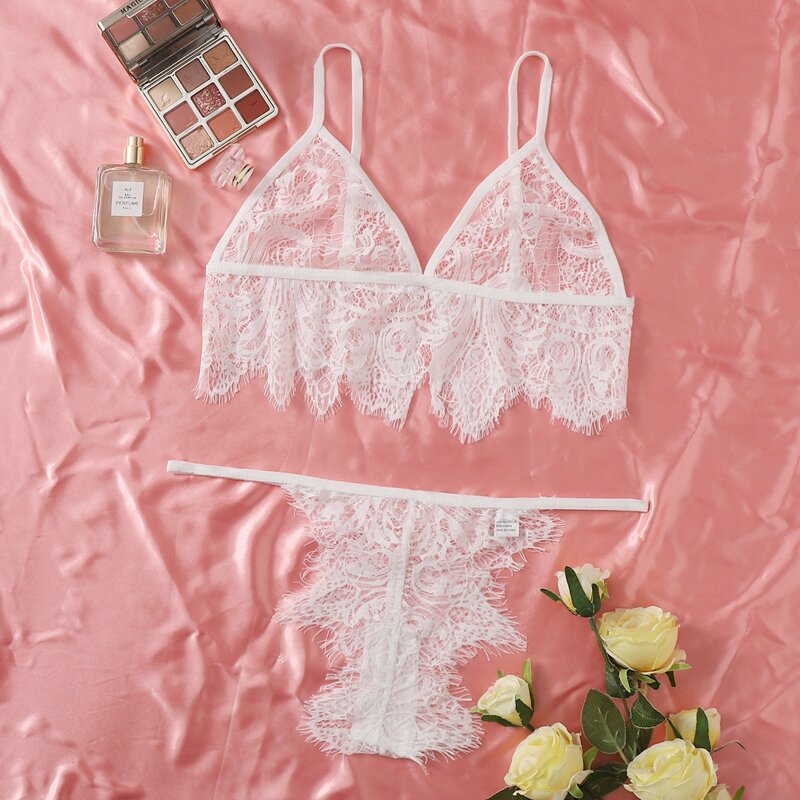 

Eyelash Floral Lace Thong Lingerie Set, White