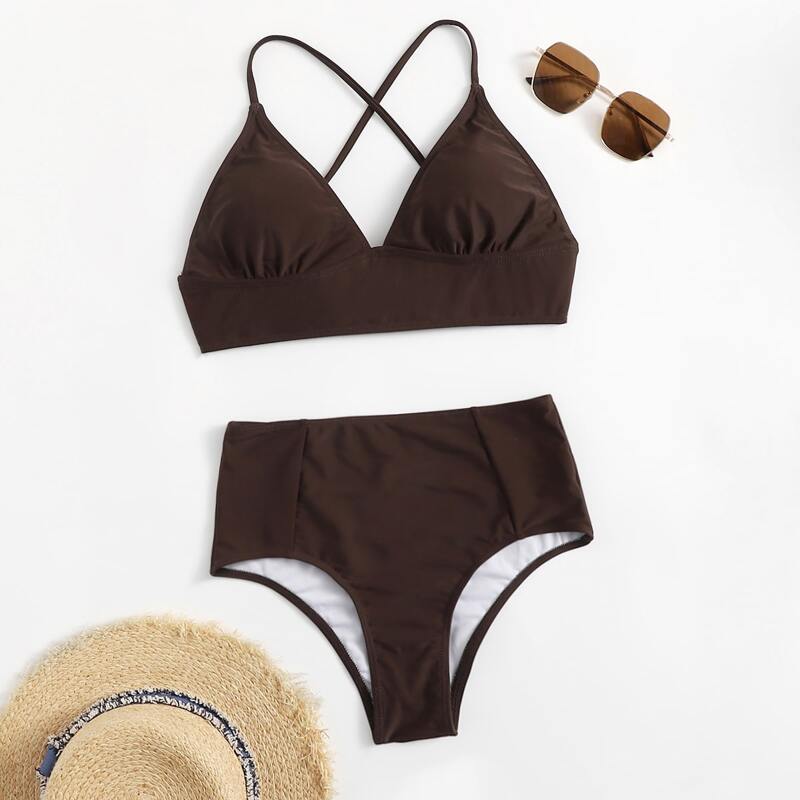 

Lace-up Back High Waist Bikini Swimsuit, Coffee brown