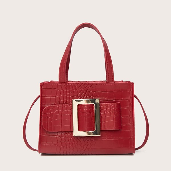 

Metal Decor Croc Embossed Satchel Bag, Red