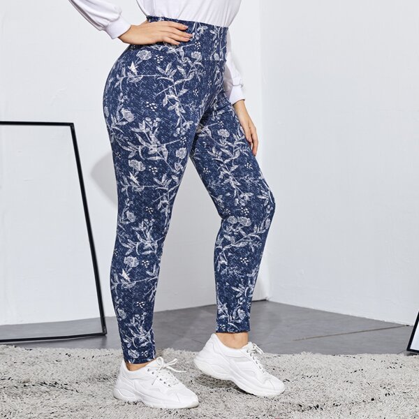 

Plus Wide Waistband Floral Leggings, Navy blue