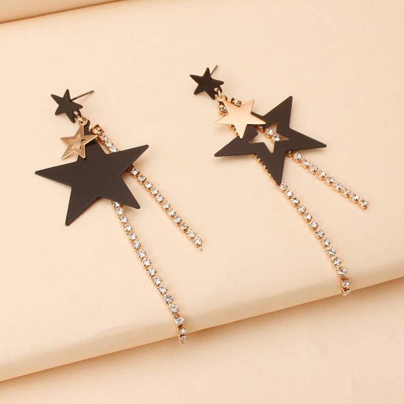 Star Rhinestone Tassel Earrings, Gold
