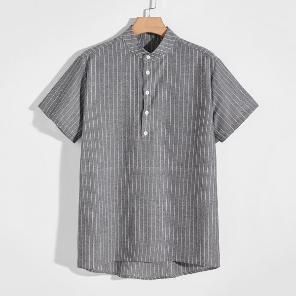 

Men Half Button Stripe Shirt, Grey