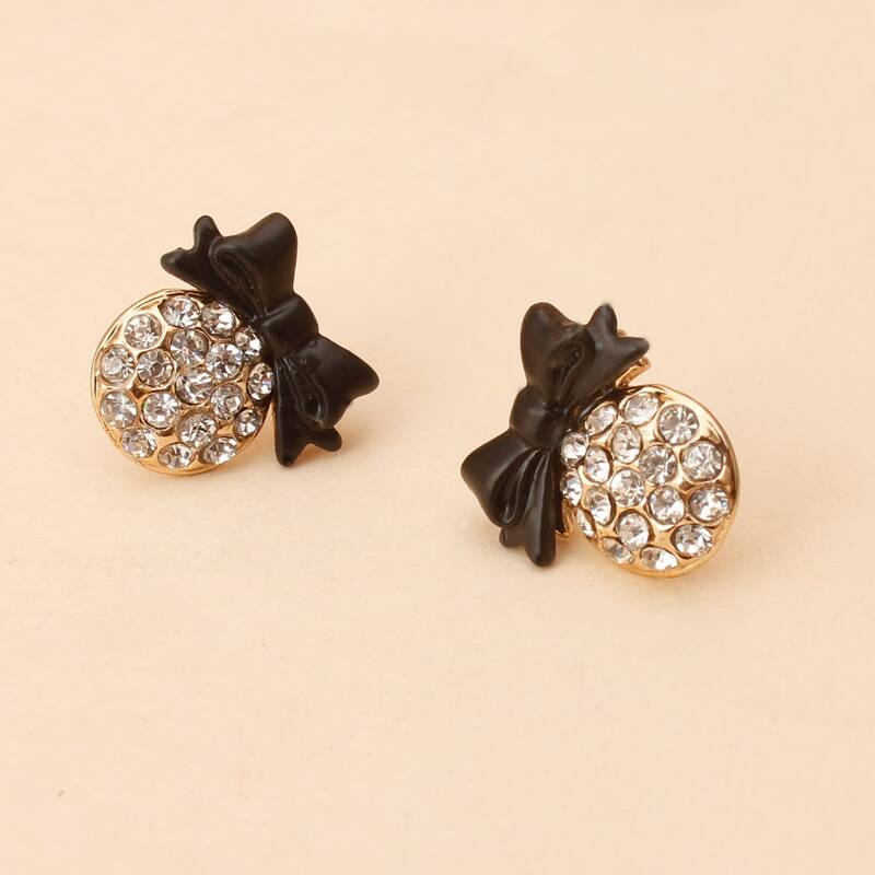 

Rhinestone Bow Stud Earrings, Black
