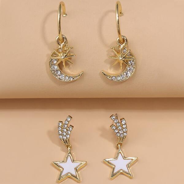 

2pairs Moon & Star Charm Drop Earrings, Gold