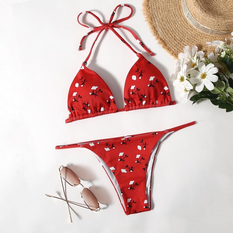 

Ditsy Floral Halter Bikini Swimsuit, Red