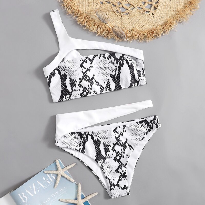 

Snakeskin Print Cut-out Bikini Swimsuit, Black and white