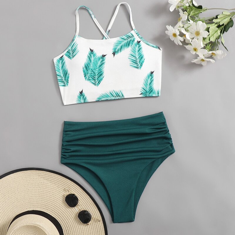 

Leaf Print Lace-up Bikini Swimsuit, Green