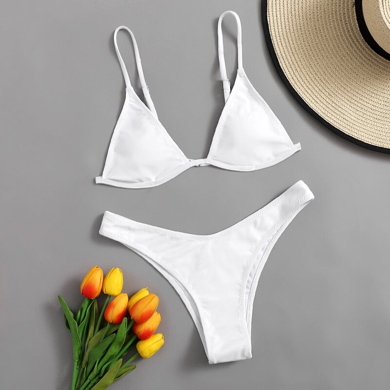 

Solid High Leg Bikini Swimsuit, White