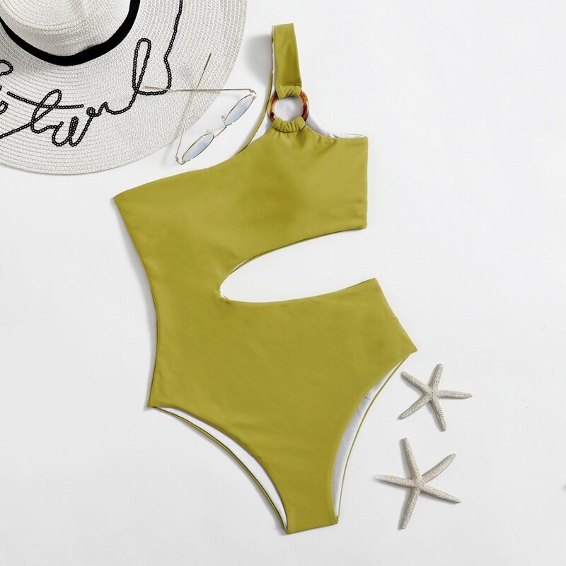 

Ring Decor Cut-out One Piece Swimsuit, Olive green