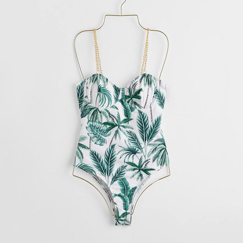 

Tropical Leaf Chain Decor One Piece Swimsuit, Multicolor