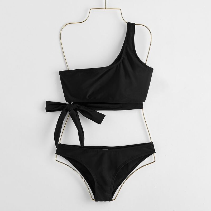 

Tie Side One Shoulder Bikini Swimsuit, Black
