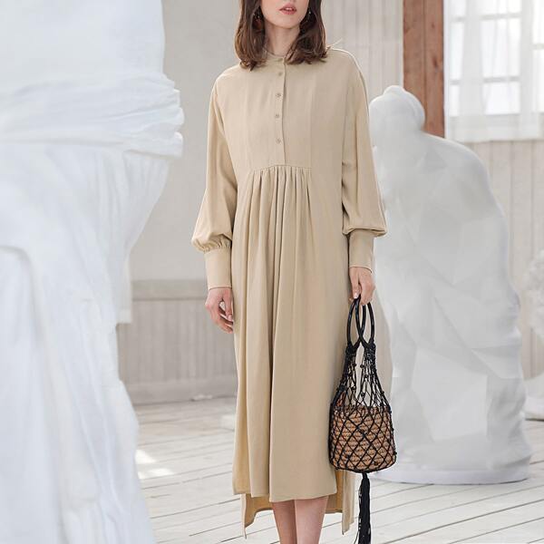 

Single Breasted Lantern Sleeve Shirt Dress, Khaki
