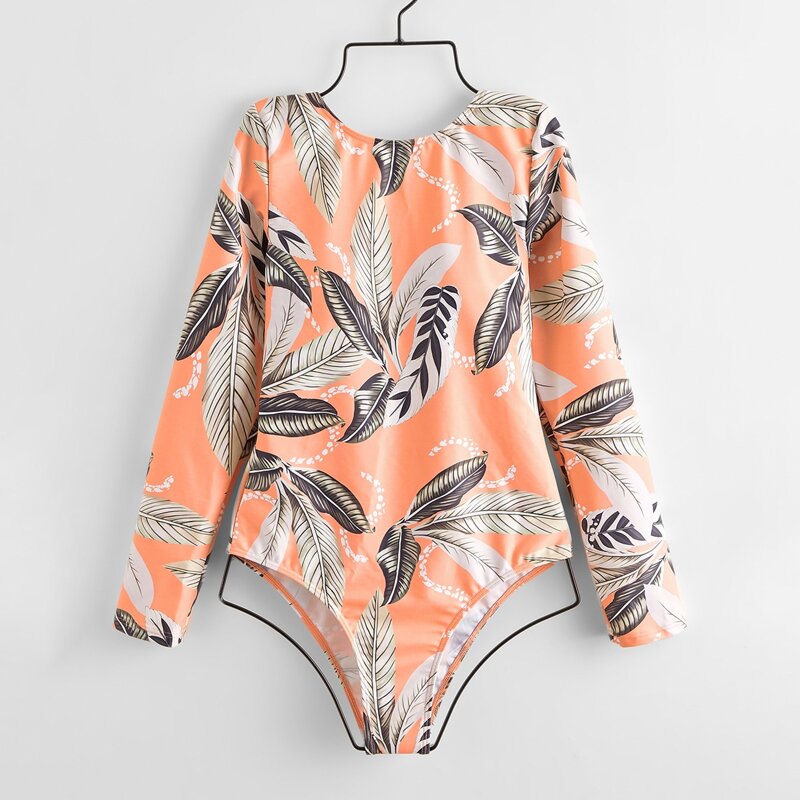 

Leaf Print Long Sleeve One Piece Swimsuit, Multicolor