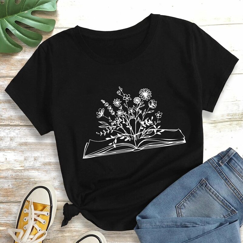 

Book & Flower Graphic Tee, Black