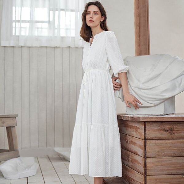 

Lantern Sleeve Ruffle Hem Swiss Dot Dress, White